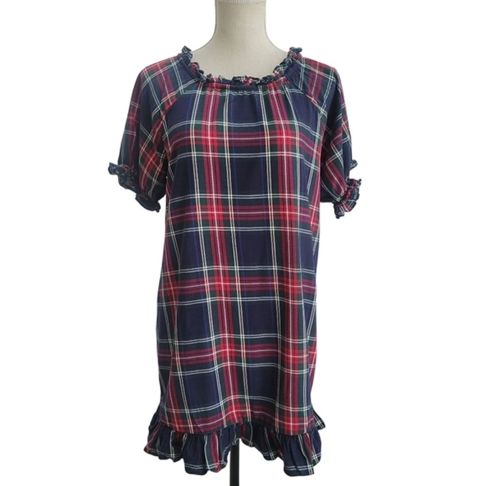 Hill House Katherine Nap Dress XS Navy Red Plaid Ruffle Cotton